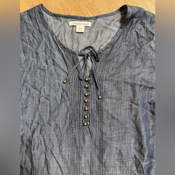 Denim tunic top tencel pintuck embroidered tie neck Coldwater Creek large 14/16 - Picture 7 of 10